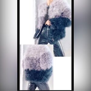 NWT Chaser Ombré Grey and Black feather marabou cropped jacket Front zipper M